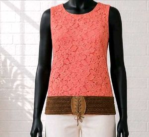 Coral Lace Sleeveless Top with Belt Detail