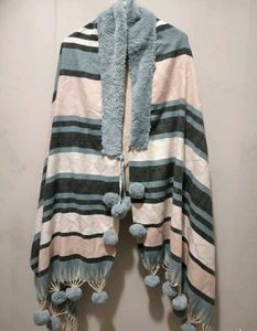 Striped Scarf with Pom-Poms