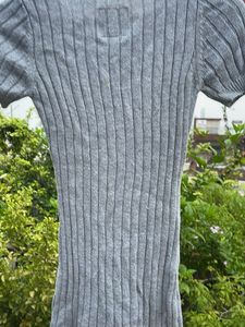 Gray Cable Knit Dress with Pink Polka Dot Skirt