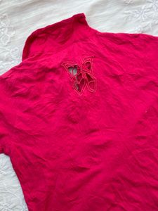 Pink Butterfly Print Collared Top
