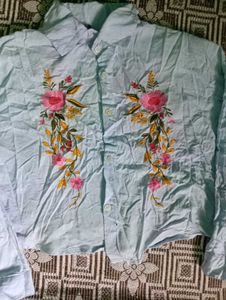 Light Blue Embroidered Cropped Shirt