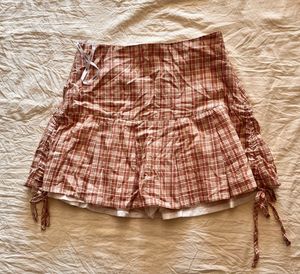 Plaid Mini Skirt with Drawstring Detail