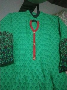 Green Printed Kurta with Red Neckline