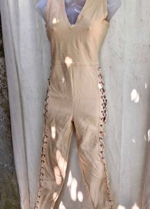 162510. Beige Lace-Up Jumpsuit