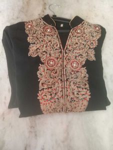 golden and red embroidery black kurti