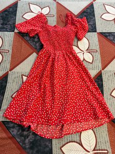 Red Smocked Puff Sleeve Dress