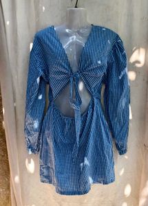 Blue Gingham Tie Front Cutout Dress