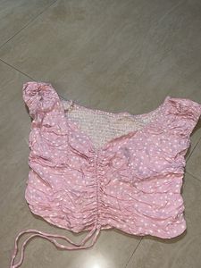 Pink Polka Dot Ruched Crop Top