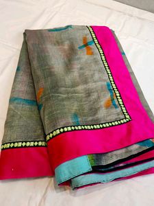 Elegant Grey Saree with Pink Border