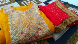 Elegant Yellow Kurta Set with Red Dupatta