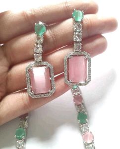 Elegant Pink &amp; Green Gemstone Necklace &amp; Earrings
