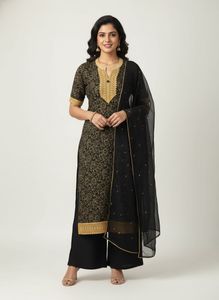 Black Floral Kurta with Gold Neckline