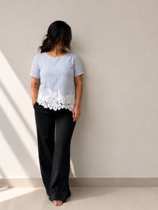 Chic Blue Striped Lace Trim Top