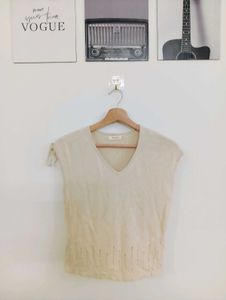Cream V-Neck Embellished Top