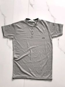 Zara Men's Grey Striped Henley T-Shirt