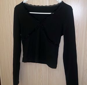 Black Lace Trim Long Sleeve Top