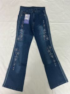 Embellished Flare Jeans with Side Stripe