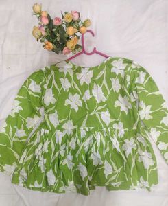 Green Floral Print Flared Kurta Top