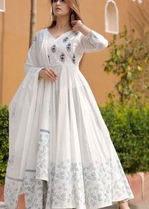 Elegant White Kurta Set with Blue Prints