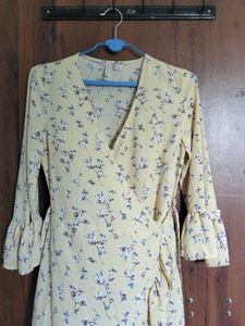 Yellow Floral Print Wrap Dress