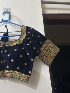 Navy Blue Embroidered Velvet Blouse