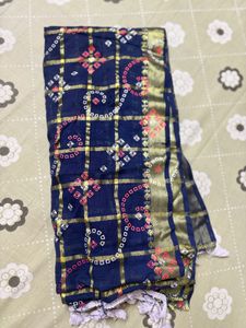 Blue Bandhani Scarf with Tassels