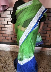 Blue N Green Combination Saree With Silver Bolouse
