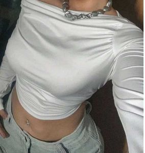 off shoulder Chic White Ruched Long Sleeve Top