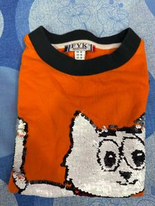 Orange Cat Sequin Cropped T-Shirt