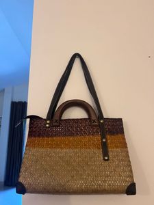 Woven Straw Tote Bag with Wooden Handles