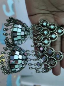 big beautiful mirror work oxidised jhumka