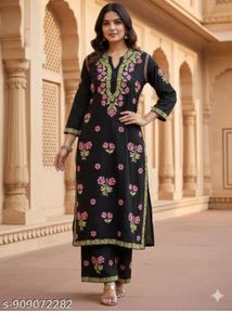Black Kurta Set with Pink Floral Embroidery