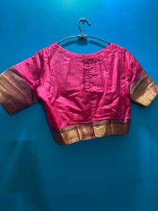 Khadi Silk Pink Blouse with Golden Border Sleeves