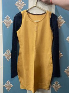 Mustard Yellow Dress with Lace Sleeves