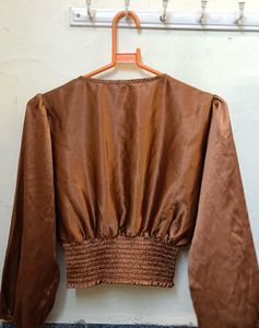 Satin Smocked Waist Wrap Top