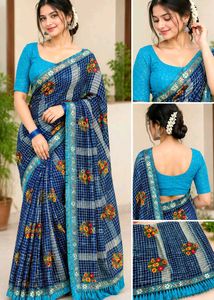 Elegant Blue Floral Print Saree
