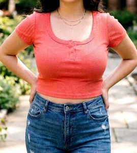 Coral Ribbed Henley Crop Top