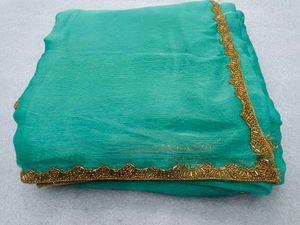 Elegant Teal Saree with Golden Border