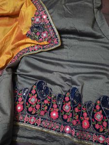 Embroidered yellow and charcoal Silk Saree