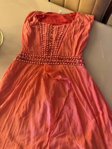 Coral Beaded Strapless Maxi Dress