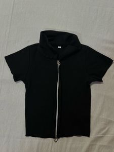 Black Cropped Zip-Up Top