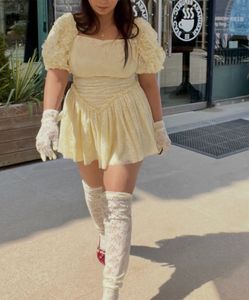 Y2k Korean Cute Yellow Lace Mini Dress with stocki
