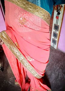 Beautiful Orange Embroidered Saree &amp; ready blouse