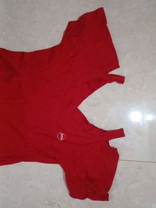 Red Cold Shoulder V-Neck T-Shirt