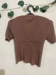 Brown Ribbed Button-Up Crop Top