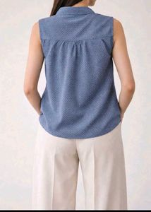 Sleeveless Blue Printed Button-Down Top