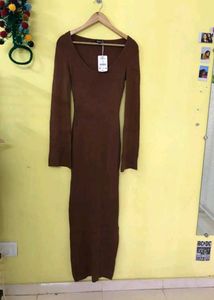 Brown Ribbed Bell Sleeve Maxi Dress