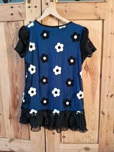 Blue Floral Mesh Dress with Black Lace Trim