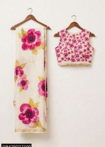Elegant Cream Saree with Pink Floral Print