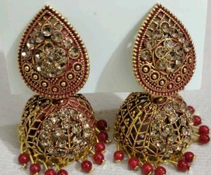 Red & Gold Jhumka Earrings with Stones
